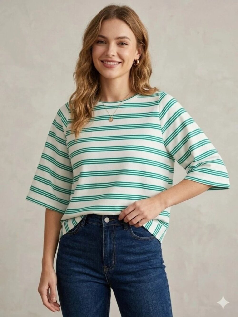 Cupio Blush Women's White Green Striped Short Sleeve Boxy Top Shirt Sz Large NWT